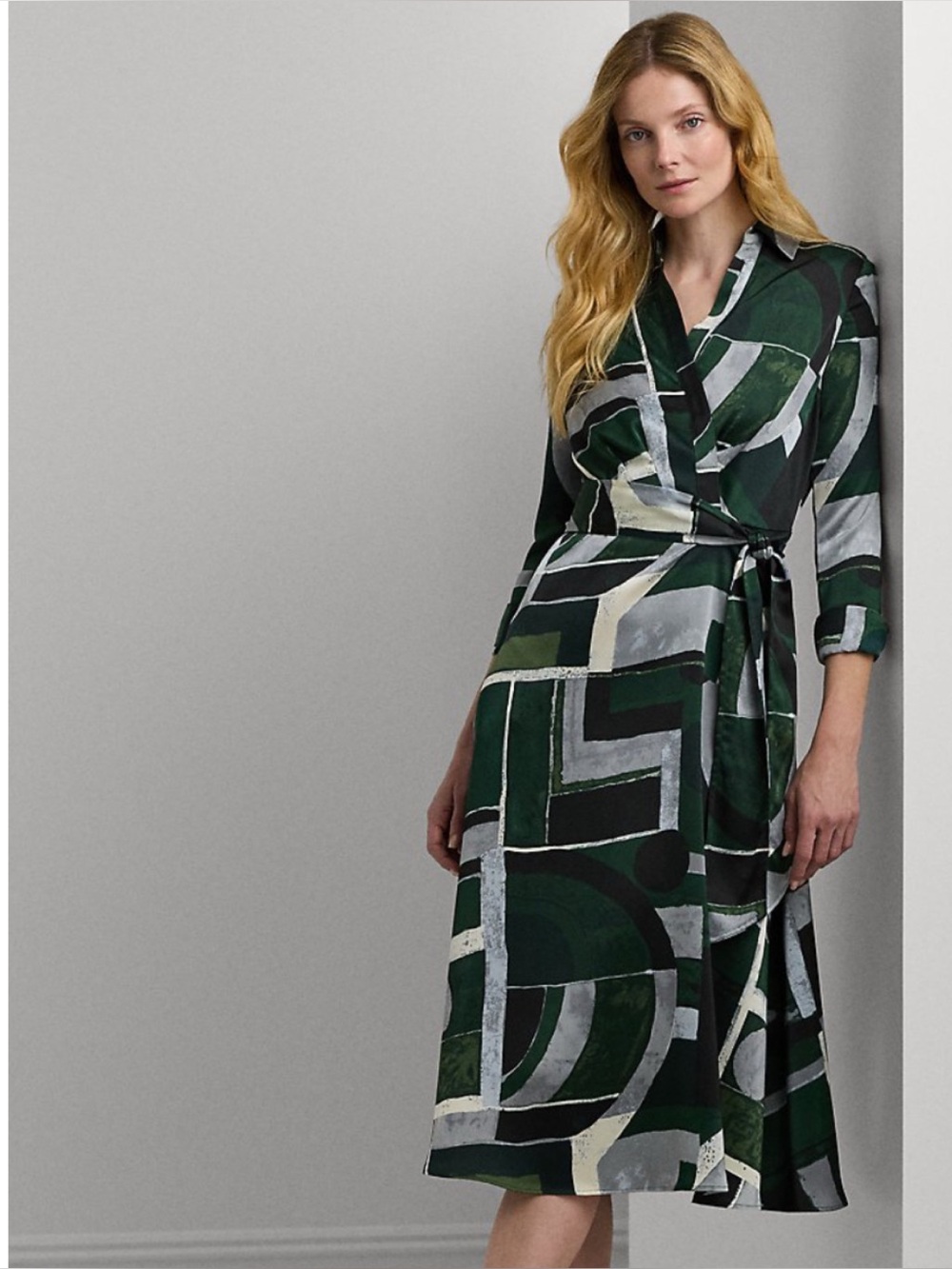 Ralph Lauren Black Label Geo-Print Satin Charmeuse Midi Dress In Black and Green